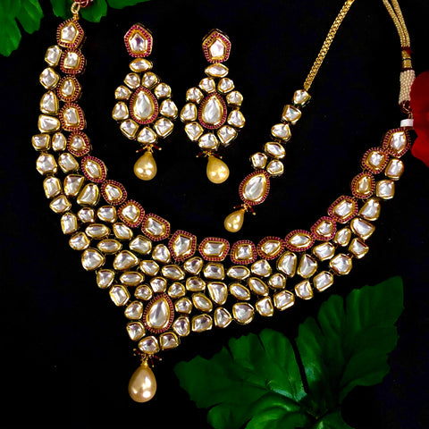 Gold Plated Ruby Kundan Set - PAAIE