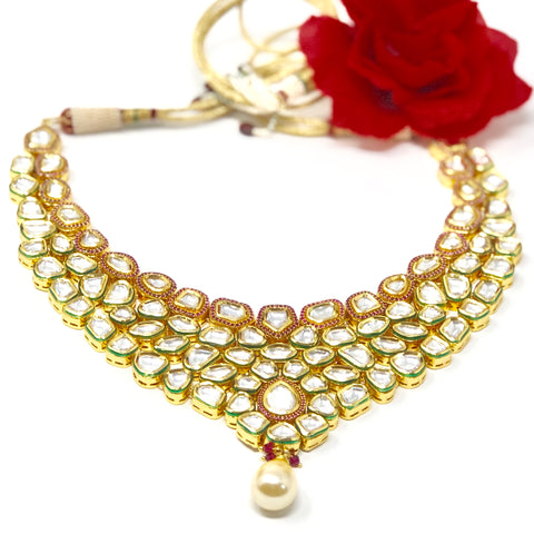 Gold Plated Ruby Kundan Set - PAAIE