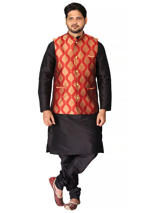 Designer Men's Festive Nehru Jacket/Waistcoat in Maroon/Golden Color (D84)