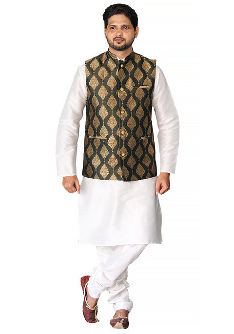 Designer Men's Festive Nehru Jacket/Waistcoat in Green/Golden Color (D86)