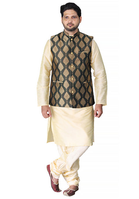 Designer Men's Festive Nehru Jacket/Waistcoat in Green/Golden Color (D86)