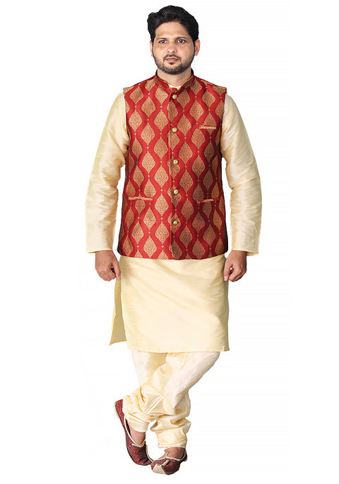 Designer Men's Festive Nehru Jacket/Waistcoat in Maroon/Golden Color (D84)