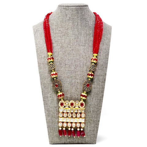Jadau Kundan Bright Red Shimmerng Beads Kundan Necklace Set - PAAIE