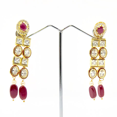 Jadau Kundan Bright Red Shimmerng Beads Kundan Necklace Set - PAAIE