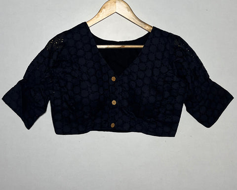 Black Color Women's Casual Pure Cotton Readymade Designer Saree Blouse, Hakoba Style, Puffed Sleeve & V-Neck, Padded And Stitched With Front Buttons Open Pattern(Design 1057)