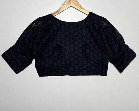 Black Color Women's Casual Pure Cotton Readymade Designer Saree Blouse, Hakoba Style, Puffed Sleeve & V-Neck, Padded And Stitched With Front Buttons Open Pattern(Design 1057)