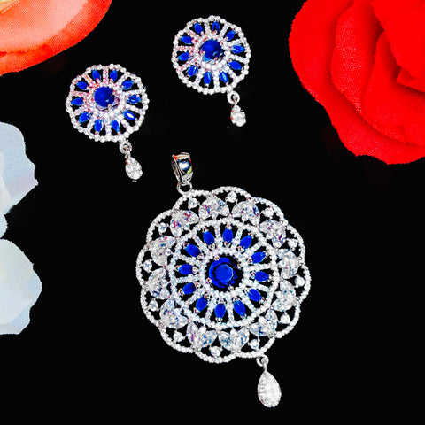 American Diamond Semi-Precious Sapphire Blue Pendant Set (Design 18) - PAAIE