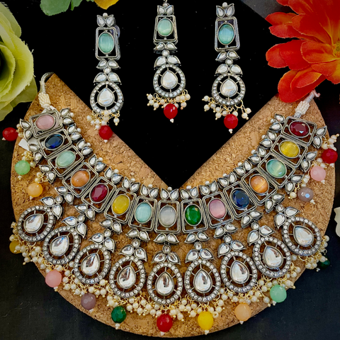 Designer Semi-Precious American Diamond & Multi Color Bid Necklace with Earrings (D317)