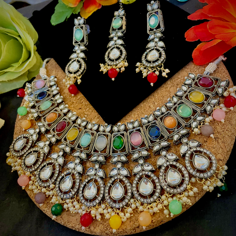 Designer Semi-Precious American Diamond & Multi Color Bid Necklace with Earrings (D317)