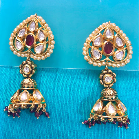 GOLD PLATED KUNDAN PREMIUM EARRINGS  (Design 34) - PAAIE
