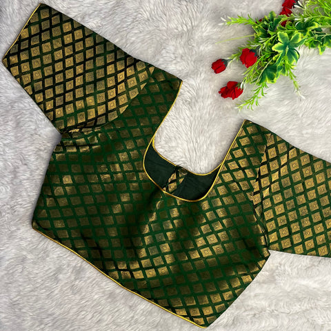 Green Color Designer Banarasi Blouse With Golden zari Work For Wedding & Party Wear (Design 1451)