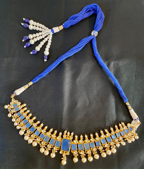 Designer Gold Plated Blue Kundan Set (D110) - PAAIE