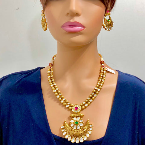 Ruby and Emerald Gold Plated Designer Kundan Necklace Set - PAAIE
