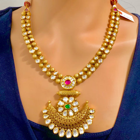 Ruby and Emerald Gold Plated Designer Kundan Necklace Set - PAAIE