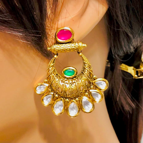 Ruby and Emerald Gold Plated Designer Kundan Necklace Set - PAAIE