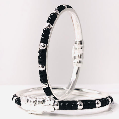 Unisex Black beaded Silver Baby Bangle Set (Design 3) - PAAIE