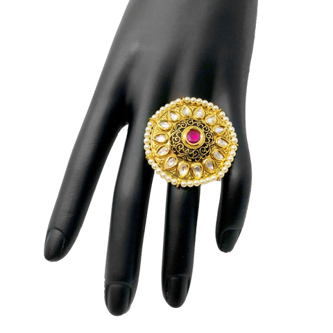 Adjustable Gold Plated Kundan Ring (D6) - PAAIE