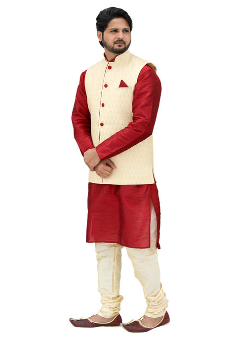 Designer Silk Kurta Pajama with Waist Coat (D29) - PAAIE