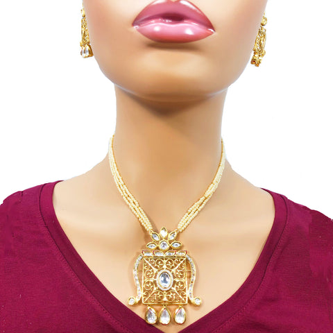 Gold Plated Pandent Beaded Kundan Set - PAAIE