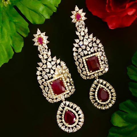 Dangle Semi Precious Ruby American Diamond Earrings - PAAIE