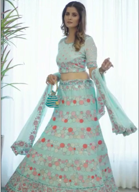 Designer Light Green Heavy Thread Embroidery With Sequence Work Lehenga Choli (D124)