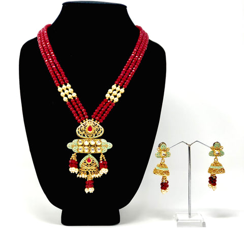 Deep Red Kundan Exotic Bead Necklace Set - PAAIE