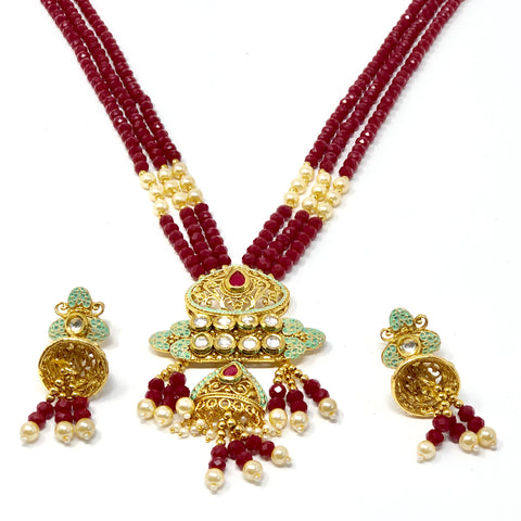 Deep Red Kundan Exotic Bead Necklace Set - PAAIE