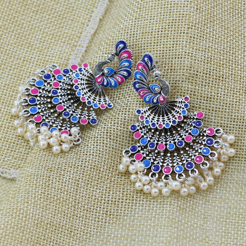Oxidized Multi Color Traditional Jhumki Earrings in Peacock Design (E212)