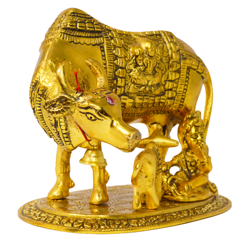 Golden Kamdhenu Cow and Calf with Balkrishna - PAAIE