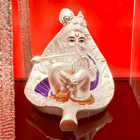999 Pure Silver Square Krishna Idol Cradling in a Leaf - PAAIE