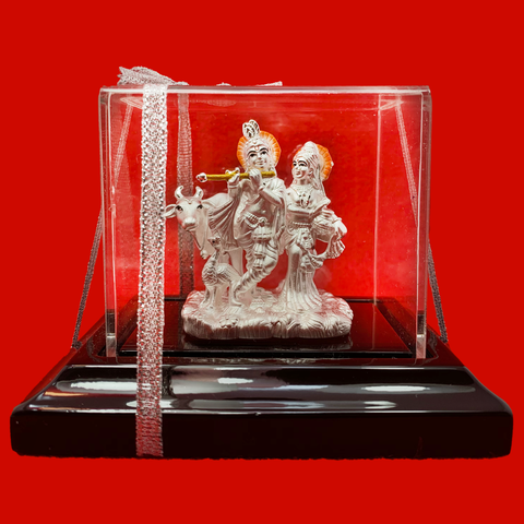 999 Pure Silver Rectangular Radha Krishna Idol with Cow and Peacock - PAAIE