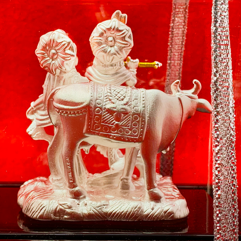 999 Pure Silver Rectangular Radha Krishna Idol with Cow and Peacock - PAAIE