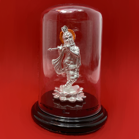 999 Pure Silver Krishna Idol Circular with Orange Headrest - PAAIE