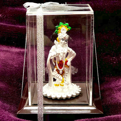 999 Pure Silver Square Krishna Idol on a Flower - PAAIE