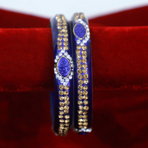 Astonishing Royal Blue Glass Bangles Set with Stone Work for Girls & Women (Design 22) - PAAIE
