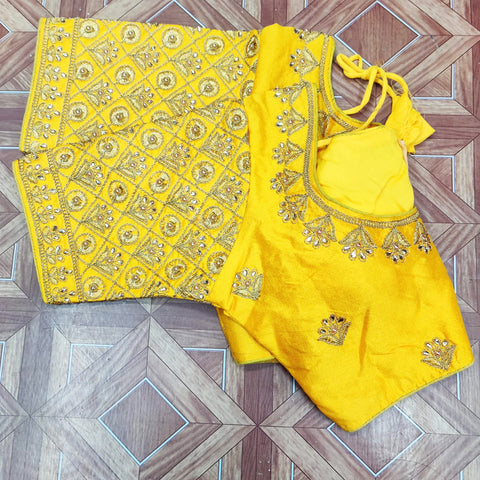 Blissful Yellow Embroidery Designer Readymade Blouse in Silk (Design 446) - PAAIE