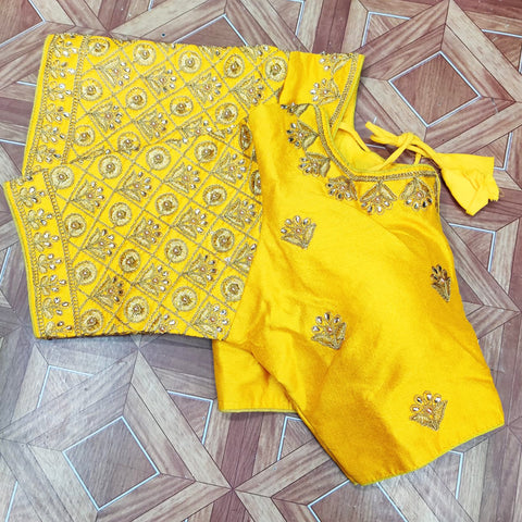 Blissful Yellow Embroidery Designer Readymade Blouse in Silk (Design 446) - PAAIE