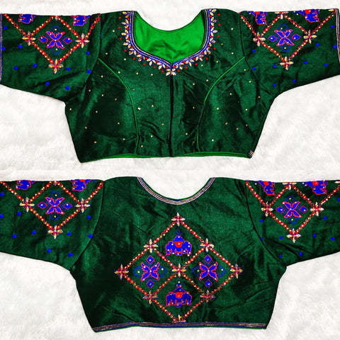 Emerald Green Designer Silk Embroidered Blouse For Wedding & Party Wear (Design 404) - PAAIE