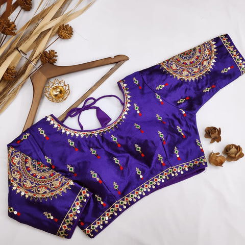 Eye-catching Blue Designer Silk Embroidered Blouse For Wedding & Party Wear (Design 421) - PAAIE