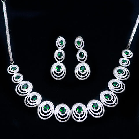 Designer Semi-Precious American Diamond & Green Emerald Necklace with Earrings (D498)
