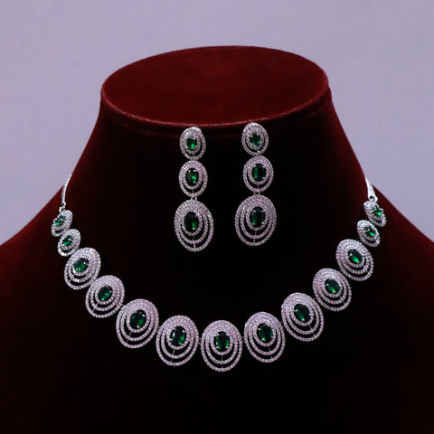 Designer Semi-Precious American Diamond & Green Emerald Necklace with Earrings (D498)
