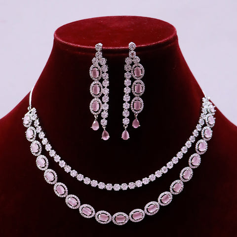 Designer Semi-Precious Pink American Diamond & Necklace with Earrings (D499)