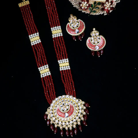 Designer Gold Plated Royal Kundan & Ruby Long Necklace (D528)