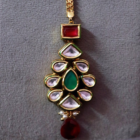 Designer Gold Plated Royal Kundan, Ruby & Emerald Maangtikka (D78)