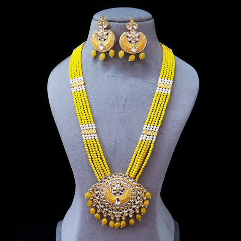 Designer Gold Plated Royal Kundan & Yellow Long Necklace (D529)