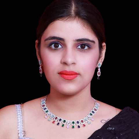 Designer Semi-Precious Multi Color American Diamond & Necklace with Earrings (D497)