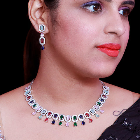 Designer Semi-Precious Multi Color American Diamond & Necklace with Earrings (D497)
