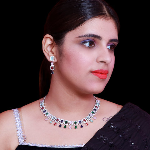 Designer Semi-Precious Multi Color American Diamond & Necklace with Earrings (D497)