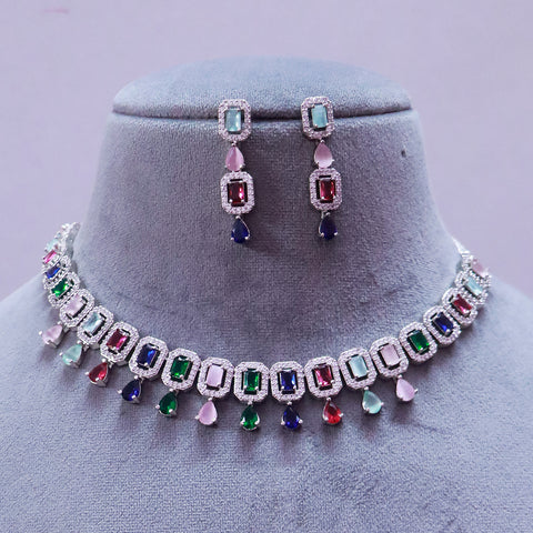 Designer Semi-Precious Multi Color American Diamond & Necklace with Earrings (D497)