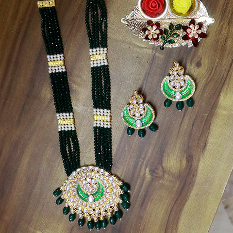 Designer Gold Plated Royal Kundan & Green Long Necklace (D525)